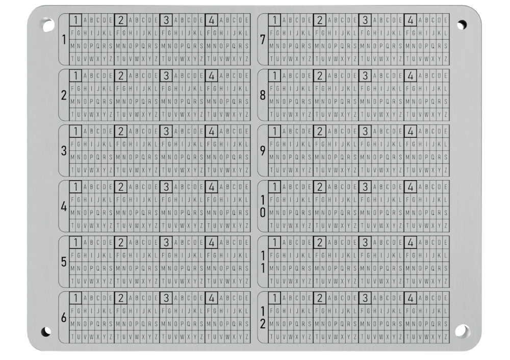 Coinplate Alpha engraved BIP39 seed word layout on steel plates