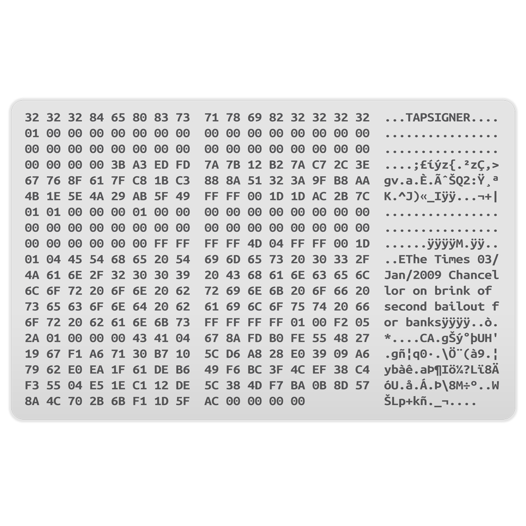 Coinkite TAPSIGNER Genesis Hex Dump Bitcoin NFC wallet card