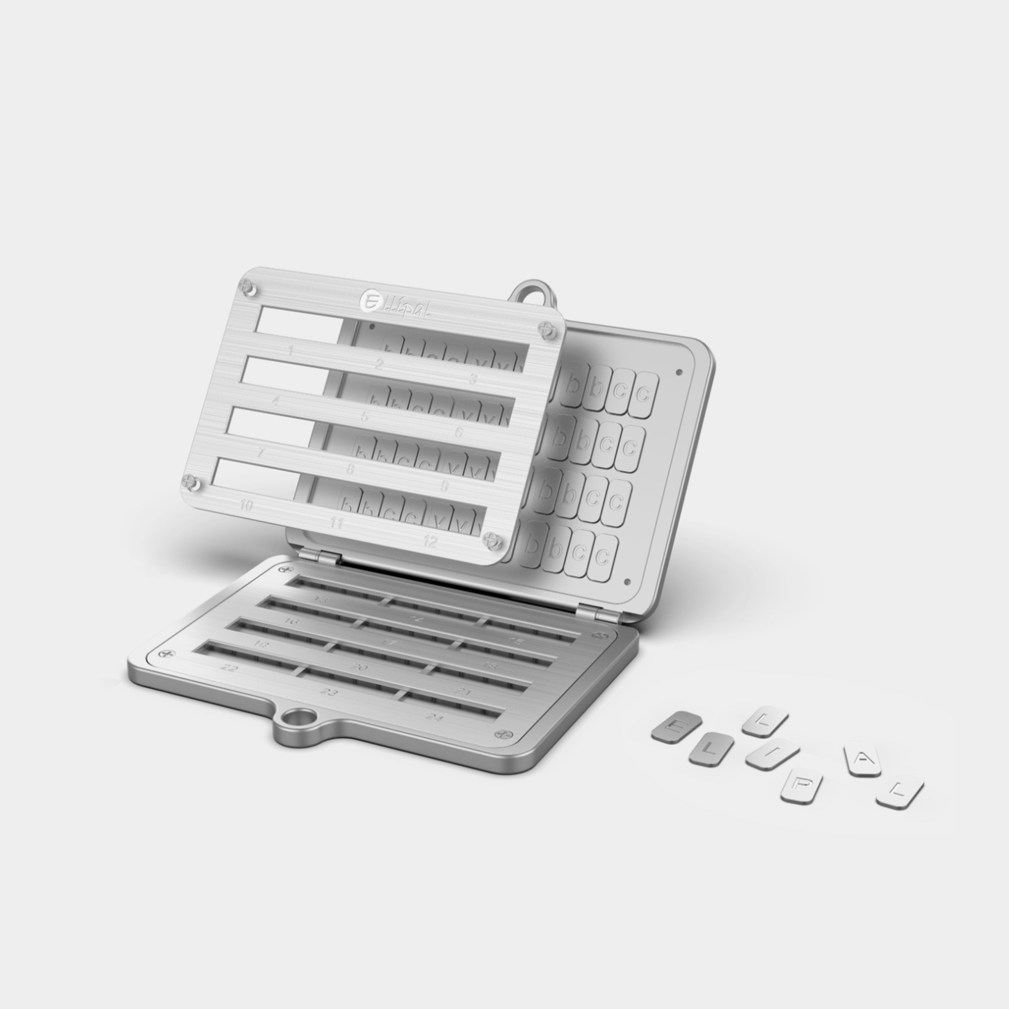 ELLIPAL Seed Phrase Steel open view with letter tiles